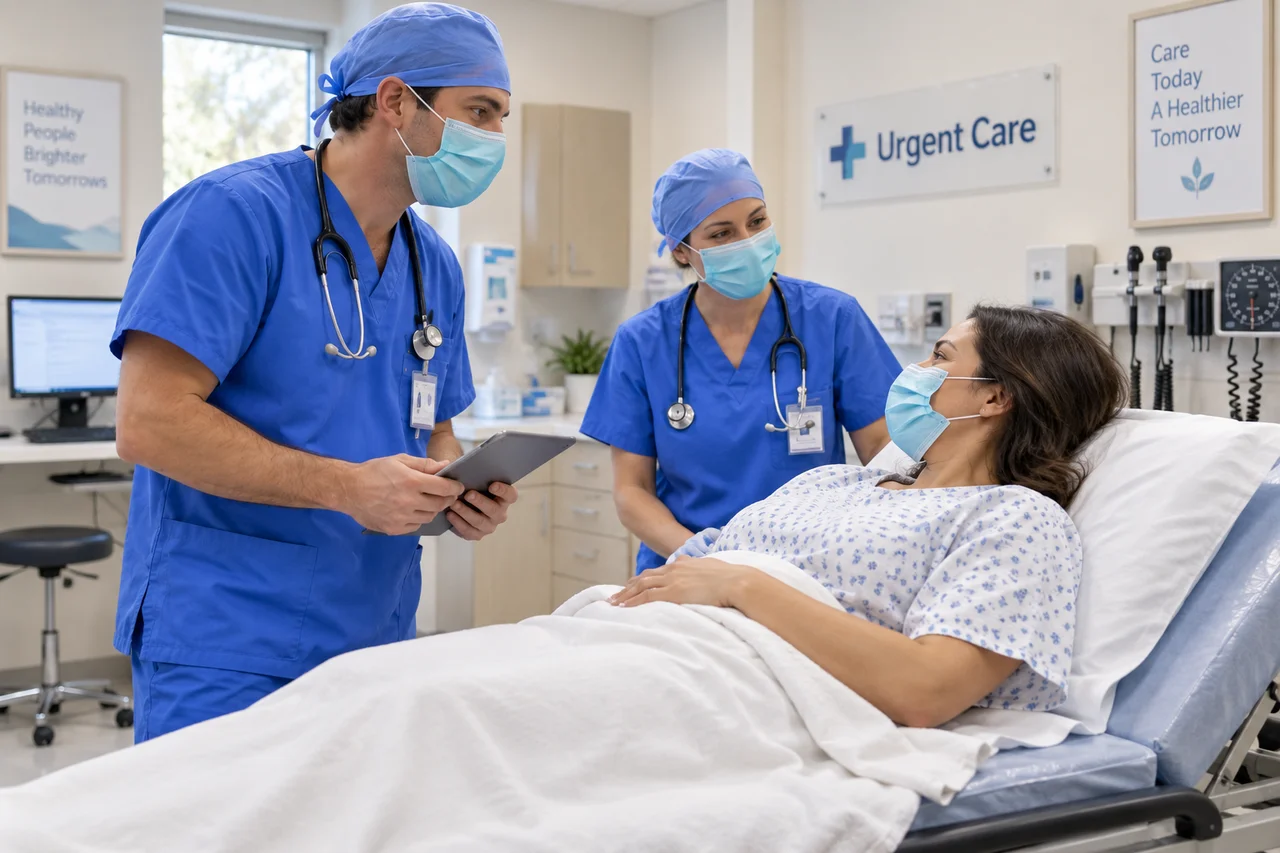 Two healthcare staff in blue scrubs speaking with a person in a hospital bed